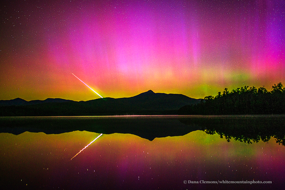 #250601 Aurora with Meteor, Chocorua Lake, Mount Chocorua, White Mountains, New Hampshire