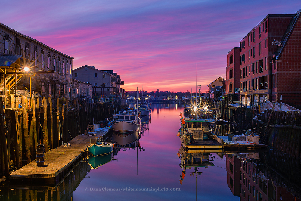 #260301 Portland Harbor Wharf Sunrise. Maine. White Mountain Photography